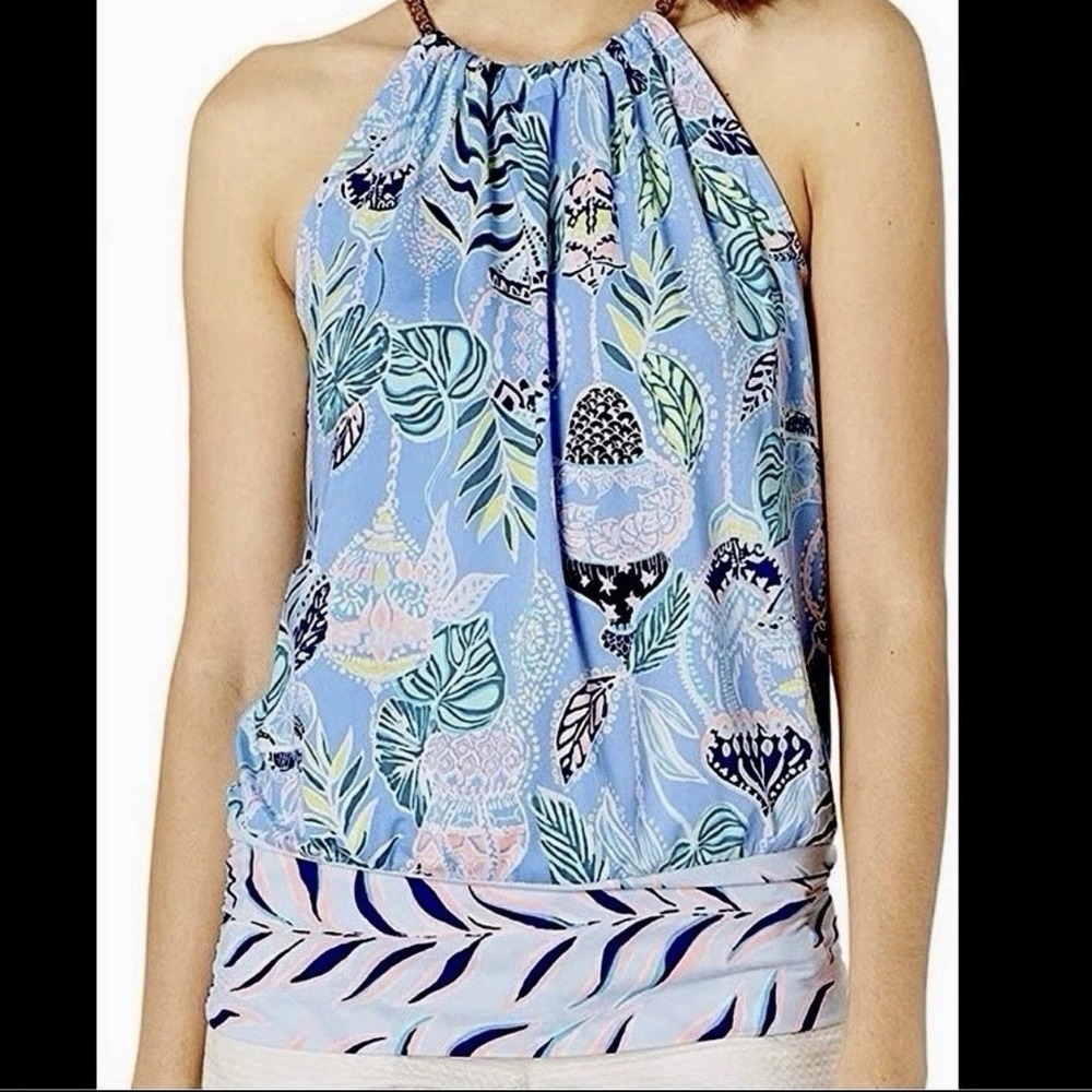 Lilly Pulitzer Bowen Top Blue Peri Lapis Lanterns Halter Chain Neck Size M NWT